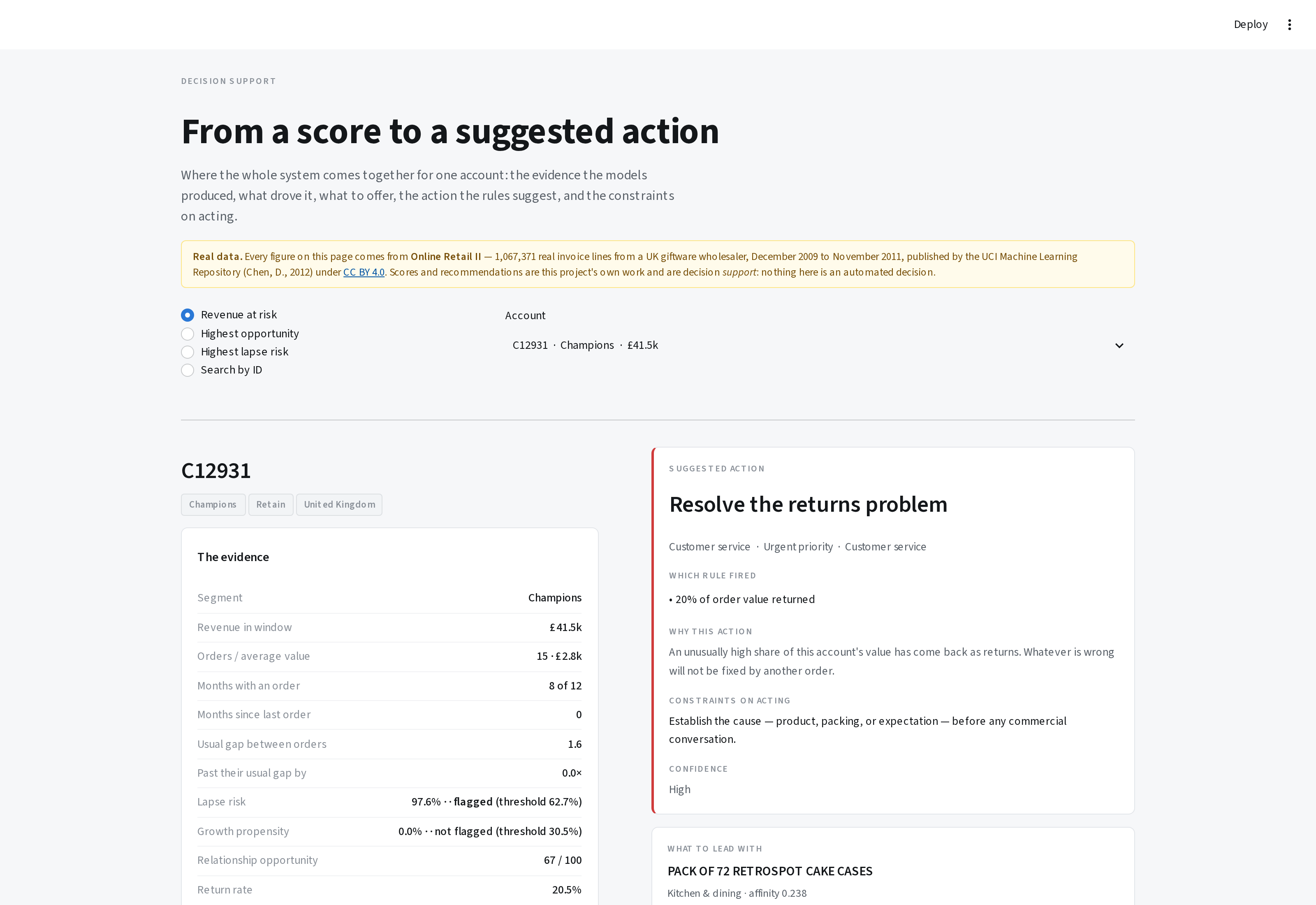 Decision support page showing one account's evidence, the rule that fired, what to lead with, and the constraints on acting